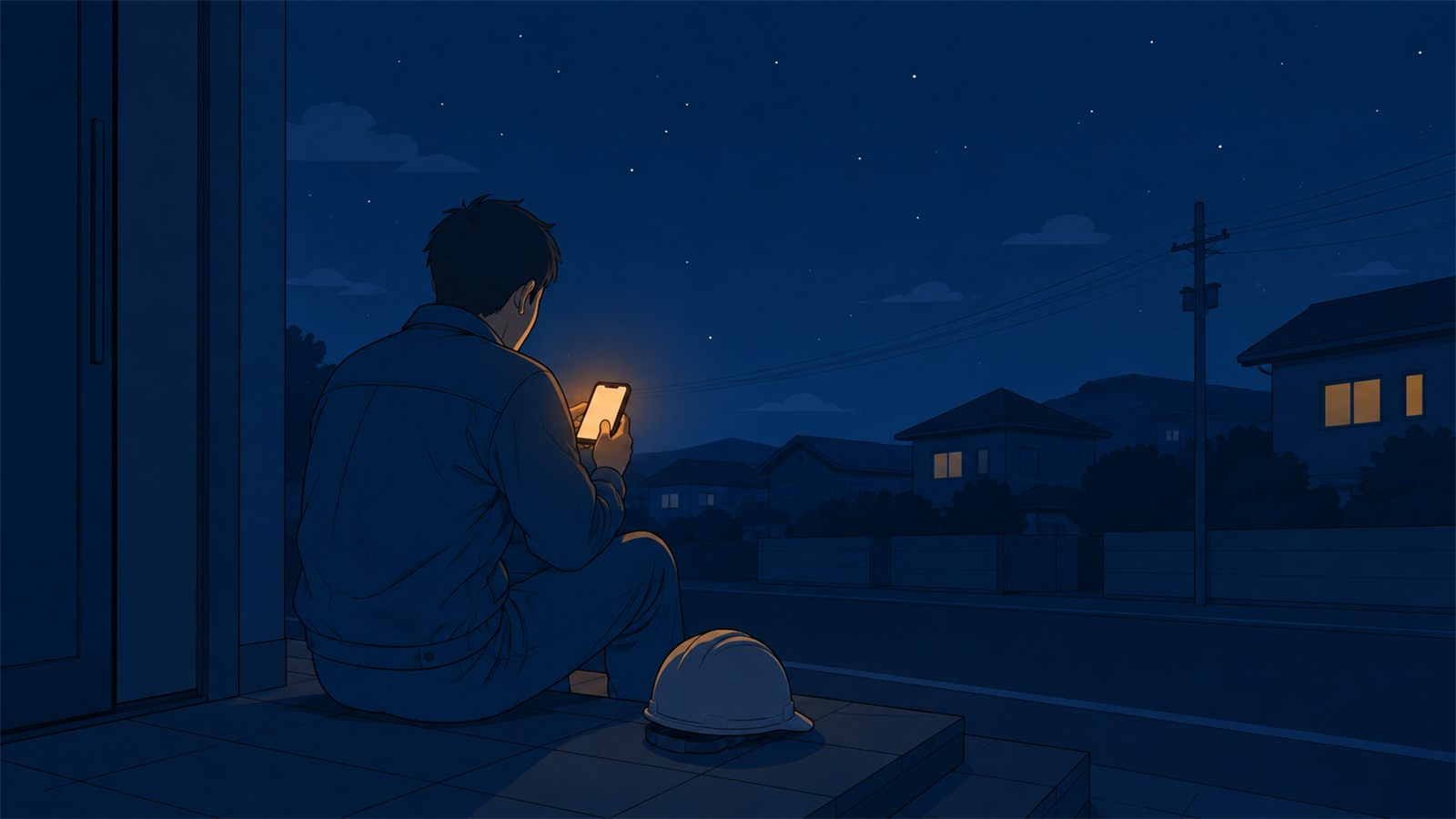 夜、玄関先に作業着のまま座ってスマートフォンを見ている人